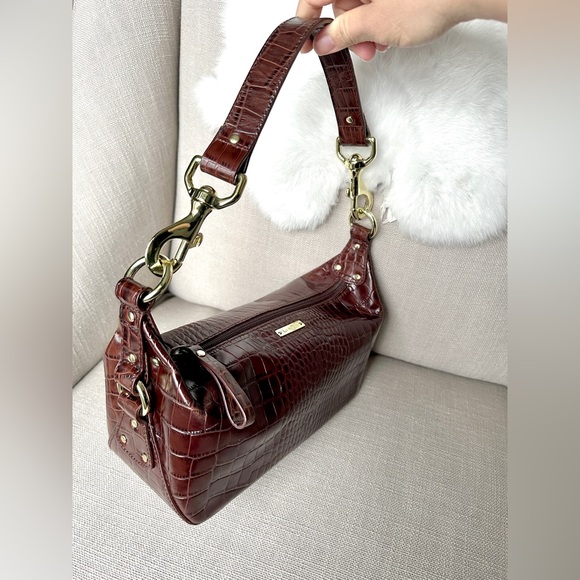 VTG 90s Y2K Ralph Lauren Cognac Crock Embossed Leather Baguette Purse Shoulder - Picture 3 of 16